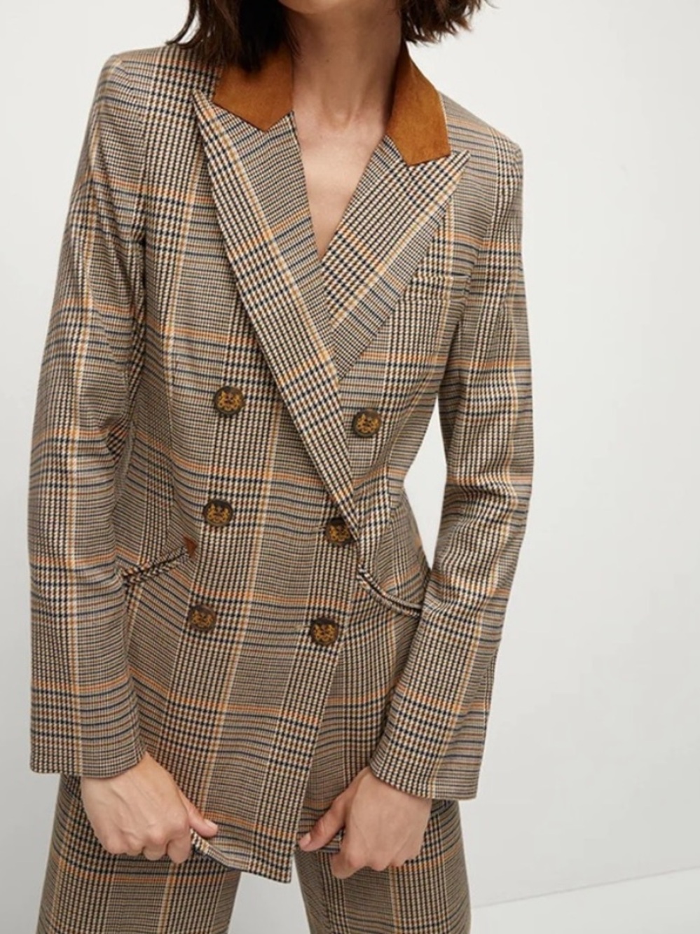 MAKE OFFER VERONICA BEARD Elvana Plaid Dickie Blazer Double Breasted Suede Trim